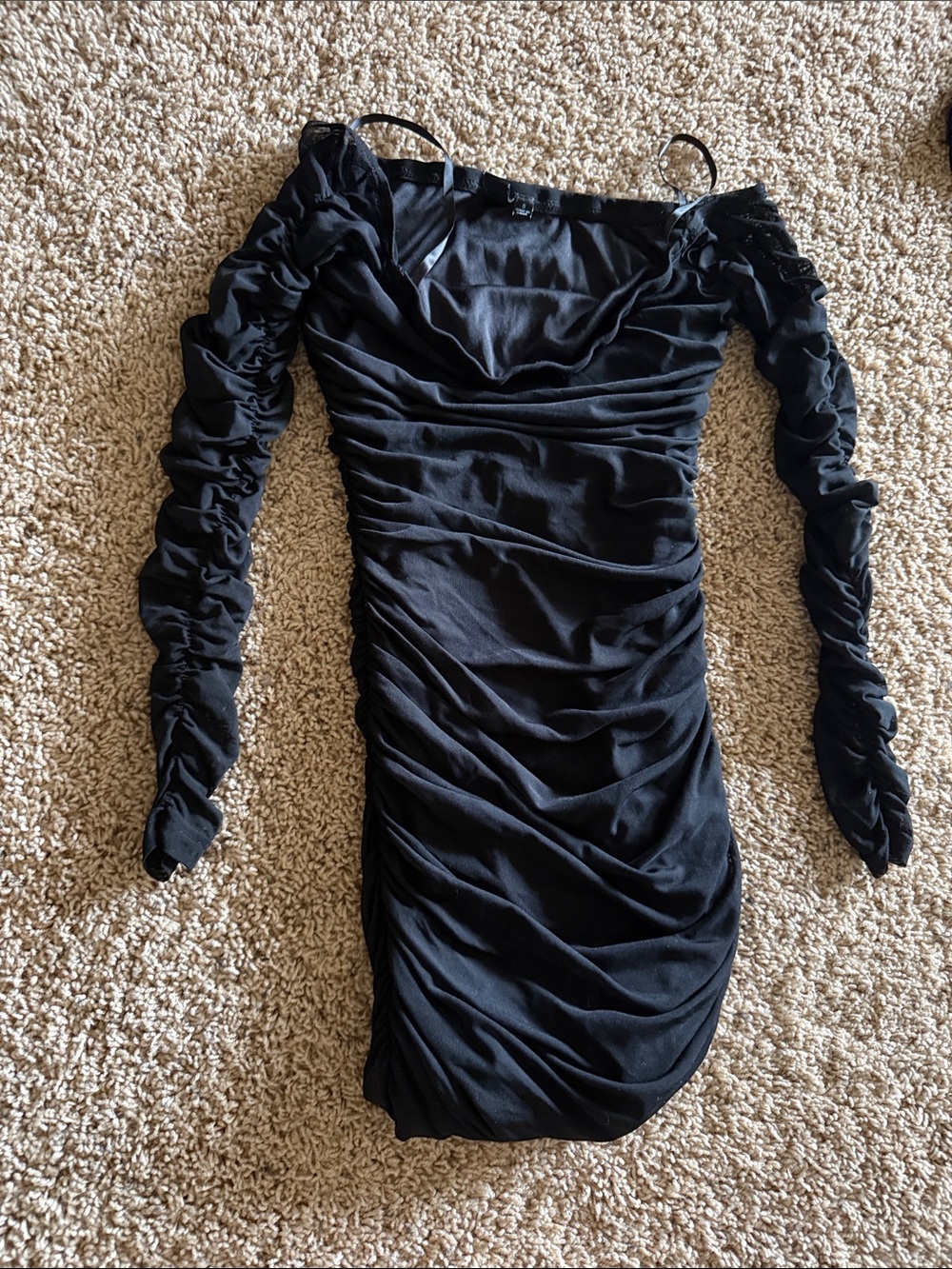Black Ruched Long-Sleeve Off-Shoulder Dress